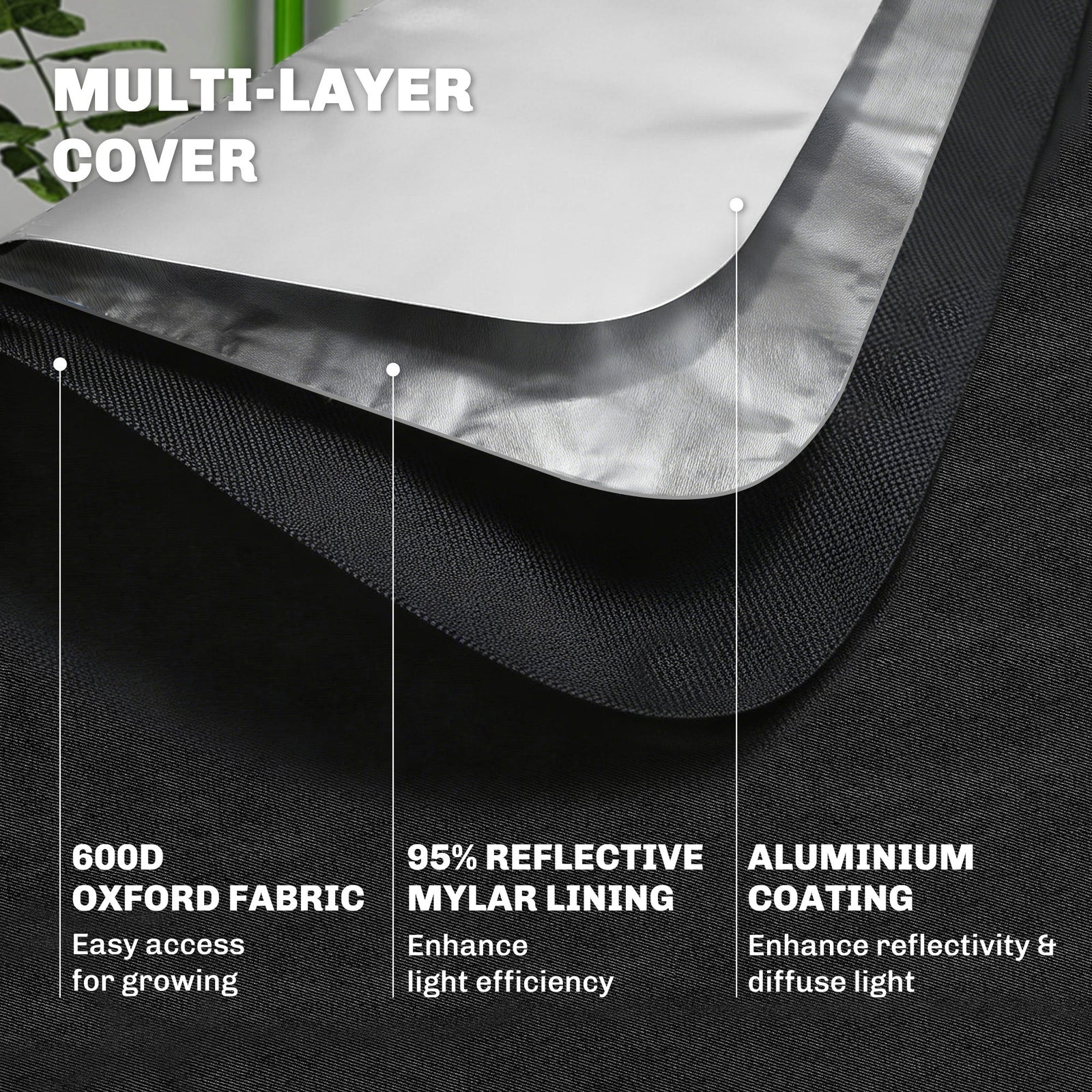 Outsunny Grow Tent 120 x 120 x 200 cm, Reflective Mylar Hydroponic Growing Tent with 600D Oxford Fabric, Observation Window, Vent, Zipper Door for Indoor Plant Growing, Black