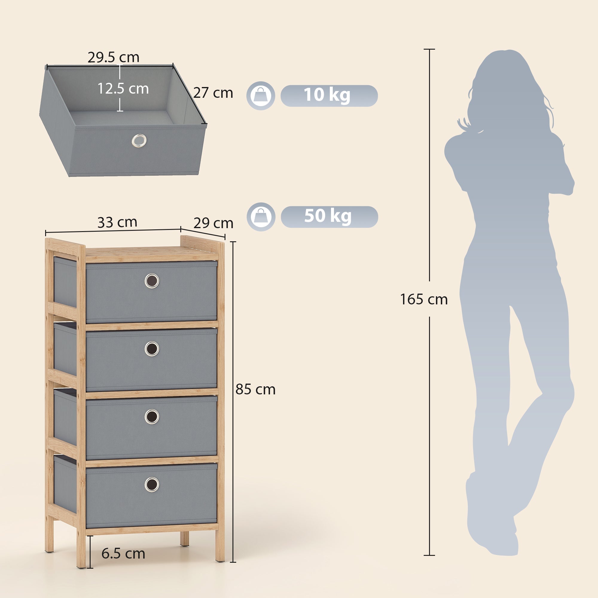 HOMCOM Chest of Drawers, 4 Fabric Drawers Narrow Dresser with Bamboo Frame, Light Grey