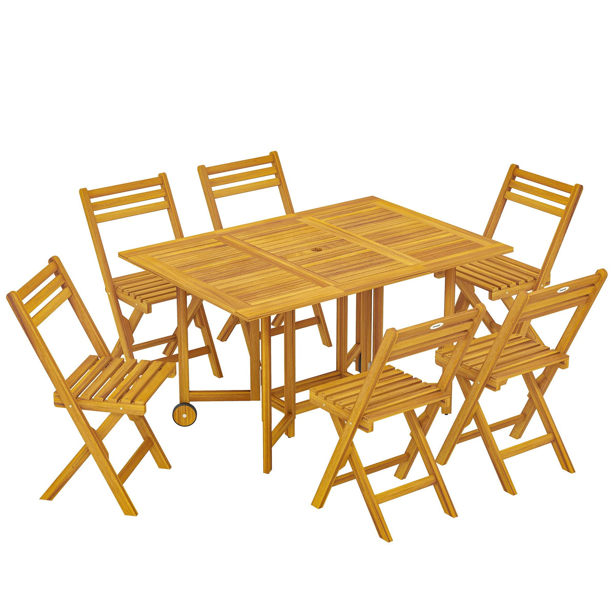 Outsunny 7 Pieces Garden Dining Set, Extending Dining Table and 6 Folding Chairs with Umbrella Hole for Patio, Natural Wood