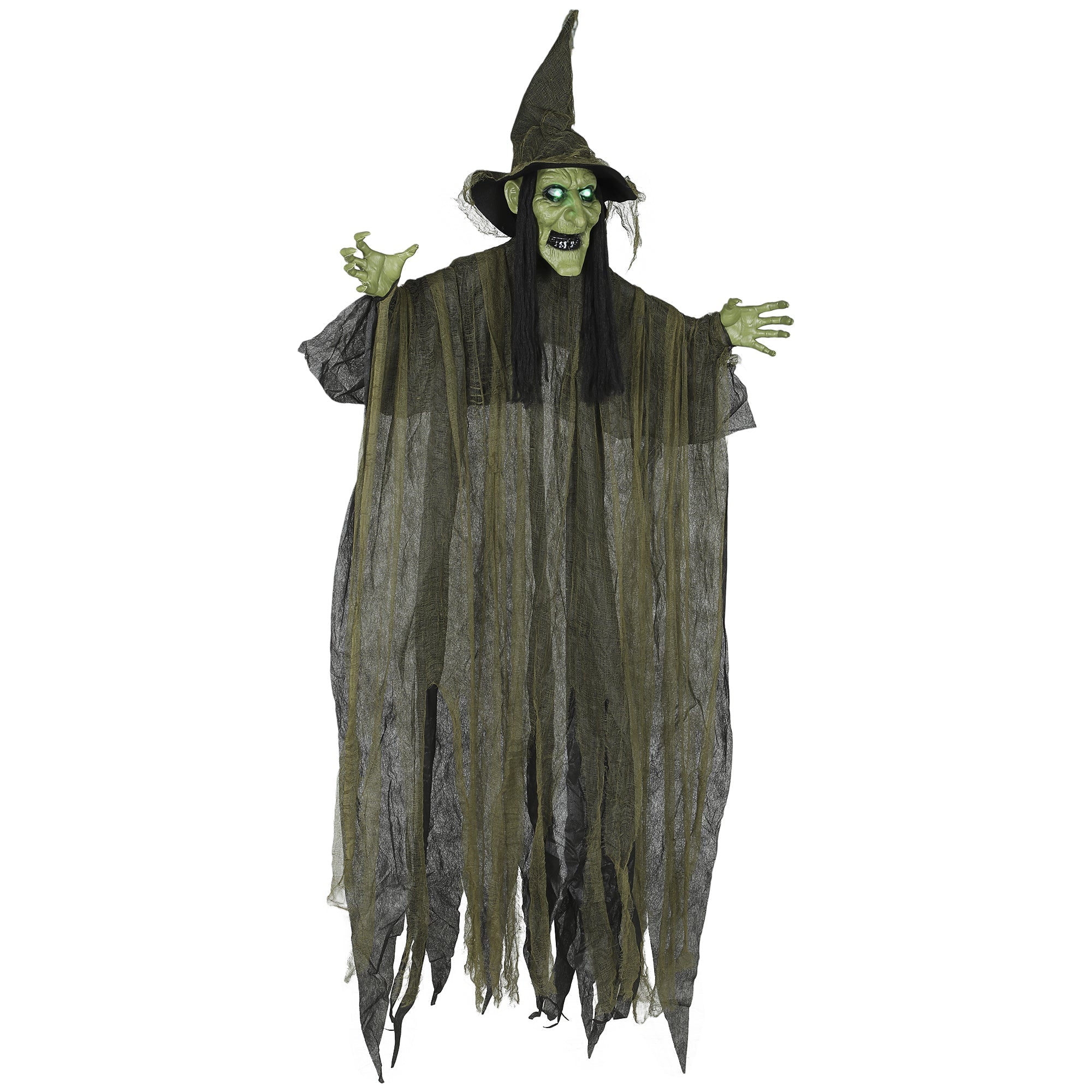 Outsunny 170 cm Life Size Hanging Halloween Animated Witch with Glowing LED Eyes, Spooky Witch Scary Halloween Decorations, Battery Operated, Indoor Party Props