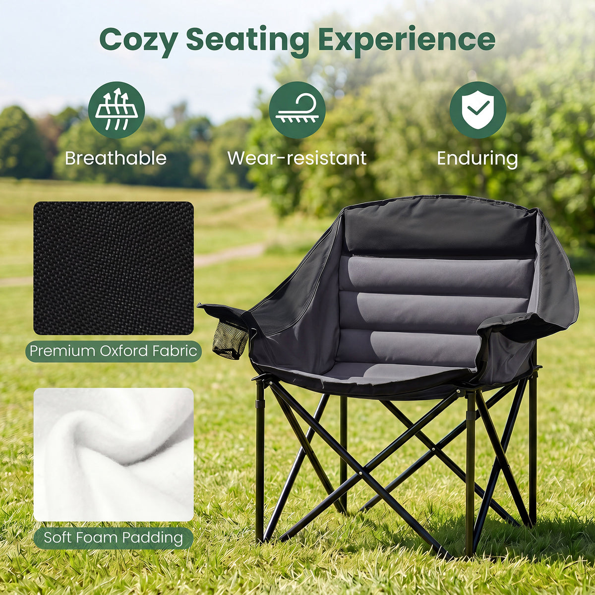 Heavy Duty Camping Chair with Padded Seat and Cup Holder-Black