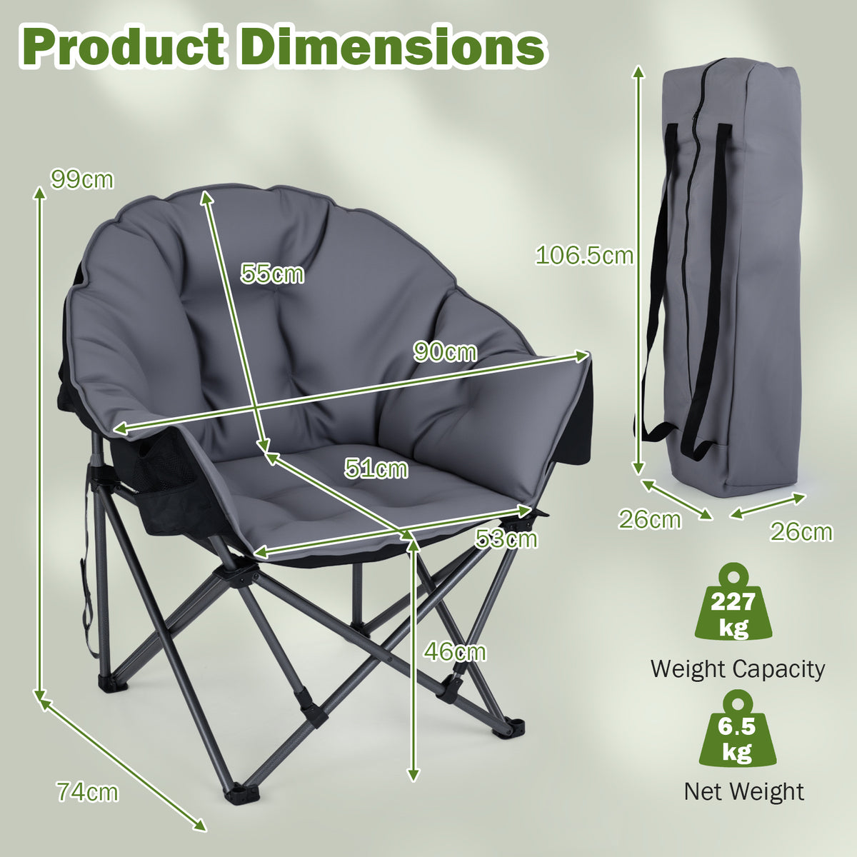 Heavy-Duty Folding Oxford Chair with Padded Seat and Cup Holder for Beach Fishing-Grey