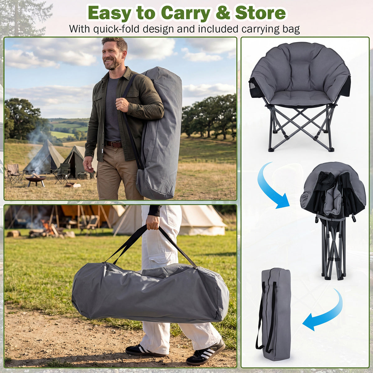 Heavy-Duty Folding Oxford Chair with Padded Seat and Cup Holder for Beach Fishing-Grey