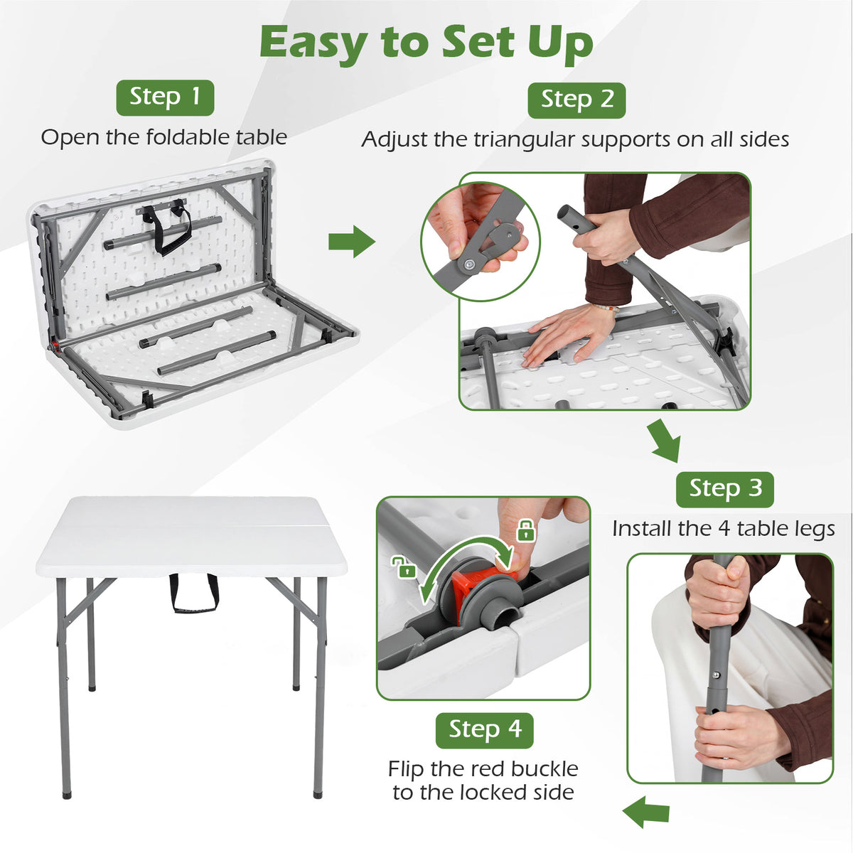 Heavy Duty Indoor Outdoor Folding Card Table with Carry Handle for Patio-White