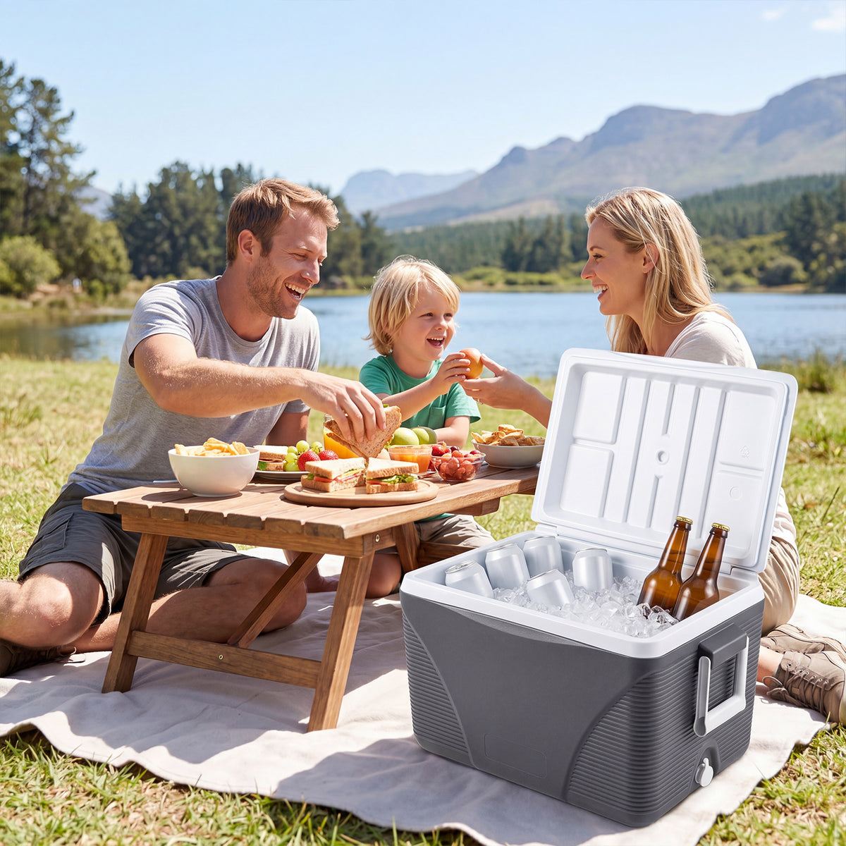 Heavy Duty Injection Molded Cooler with Cup Holders for Outdoor Use-Black