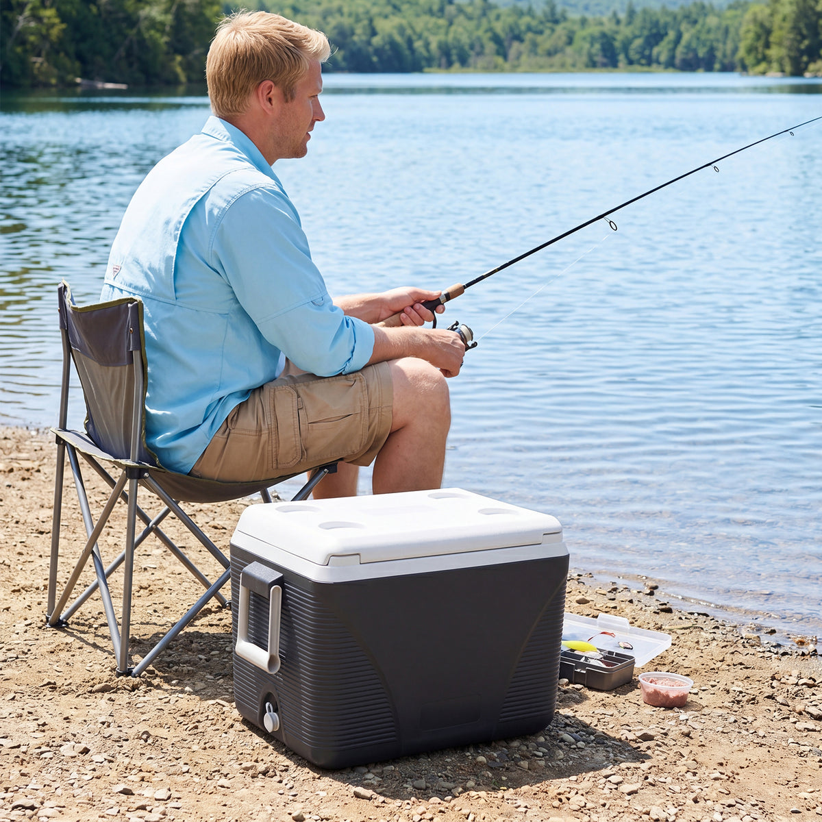 Heavy Duty Injection Molded Cooler with Cup Holders for Outdoor Use-Black