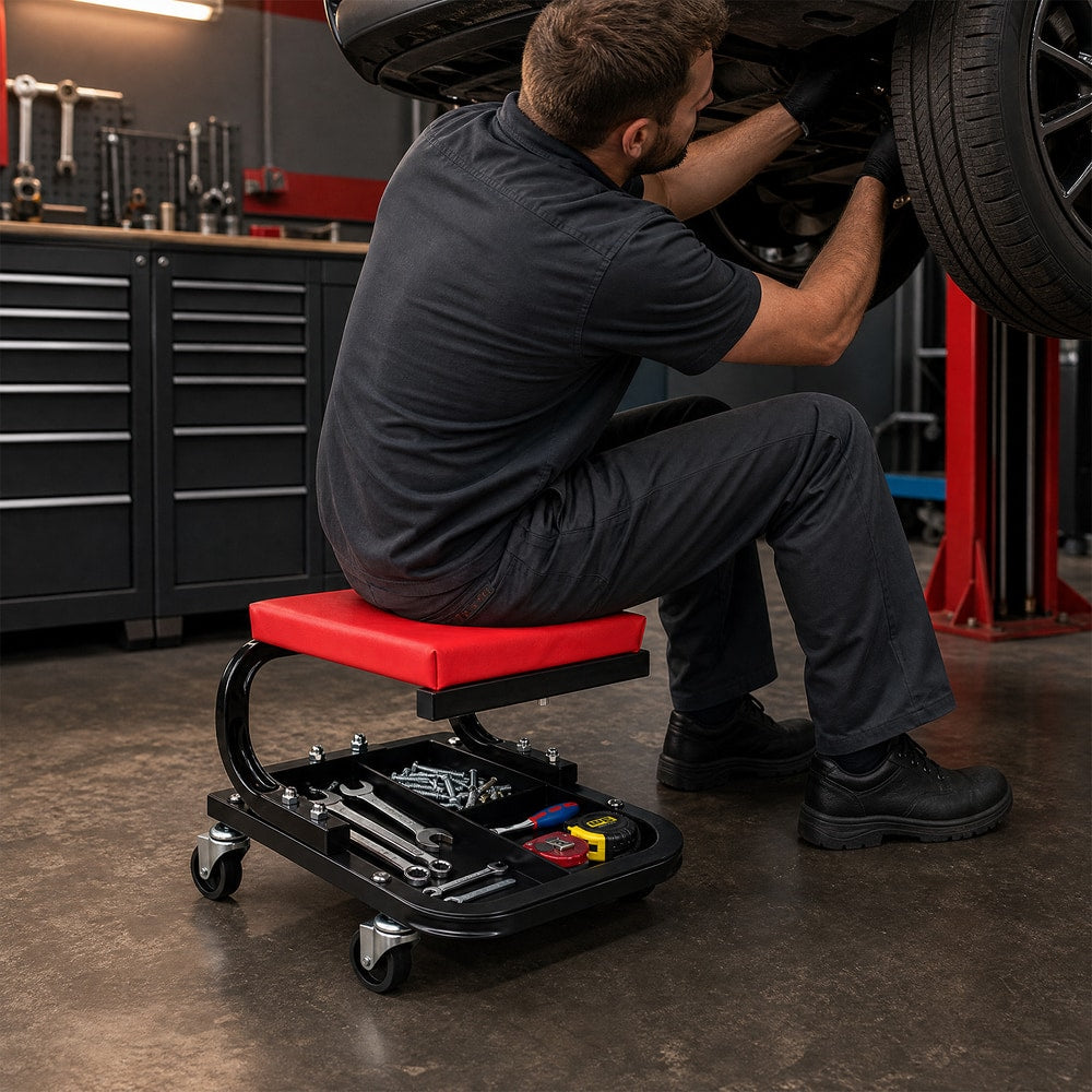 Mechanic using the rolling stool with tool tray while working under a car in a garage