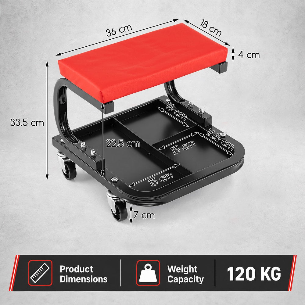 Diagram showing the dimensions of the red mechanic's rolling stool and its weight capacity