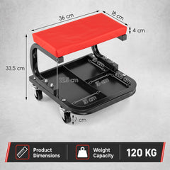 Diagram showing the dimensions of the red mechanic's rolling stool and its weight capacity