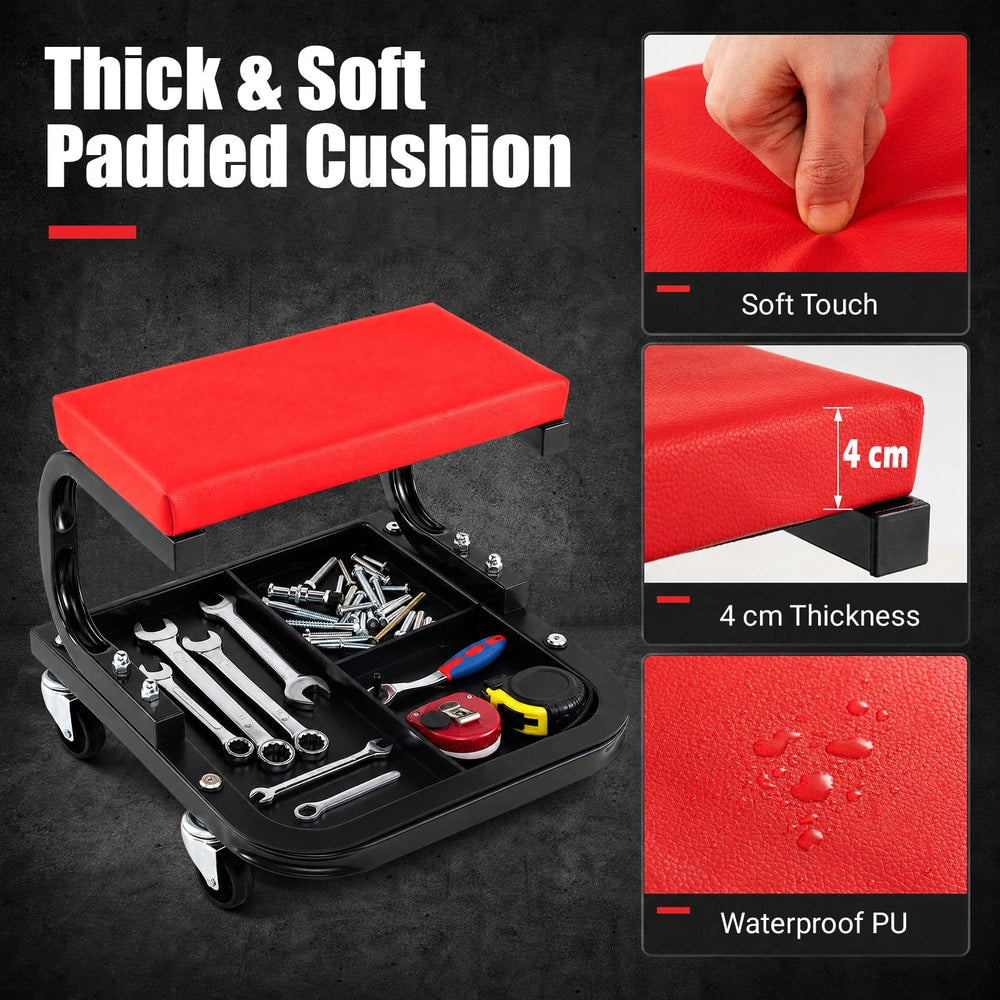 Close up of the thick padded cushion and waterproof PU surface of the mechanic's rolling stool