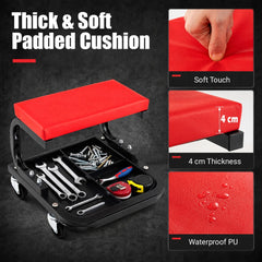 Close up of the thick padded cushion and waterproof PU surface of the mechanic's rolling stool