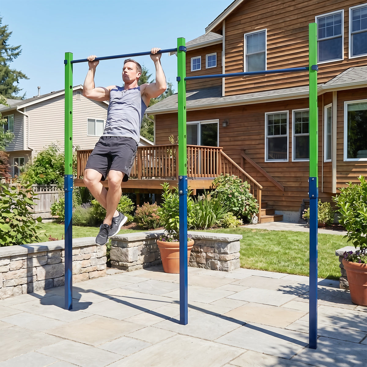 Heavy Duty Metal Pull Up Bar Station with 5 Adjustable Heights-Blue
