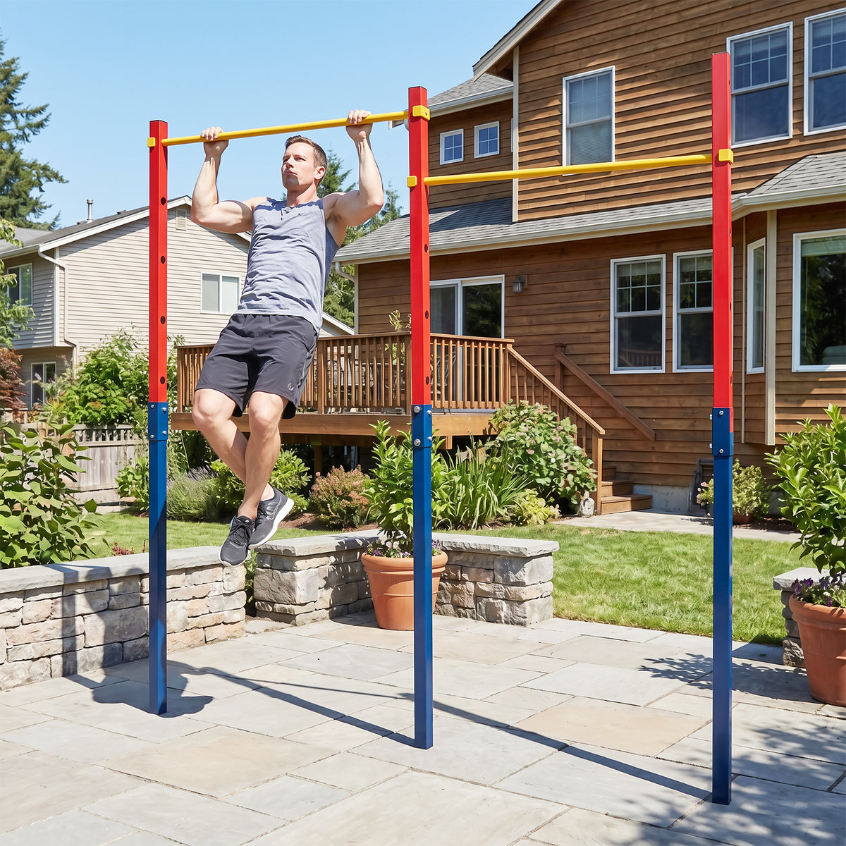Heavy Duty Metal Pull Up Bar Station with 5 Adjustable Heights-Red