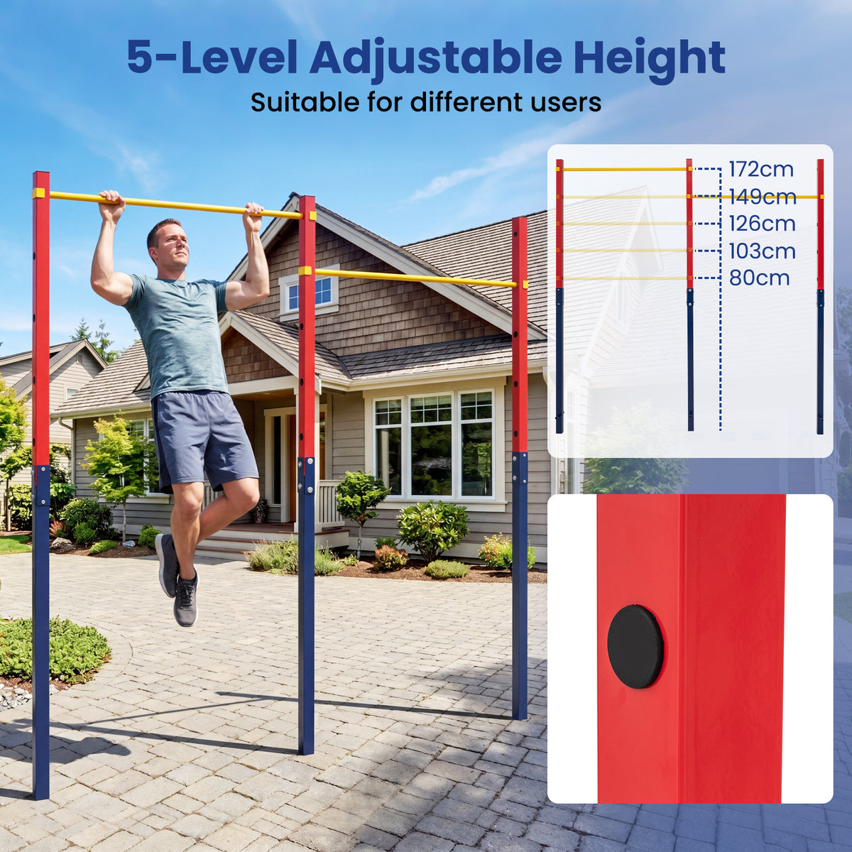 Heavy Duty Metal Pull Up Bar Station with 5 Adjustable Heights-Red