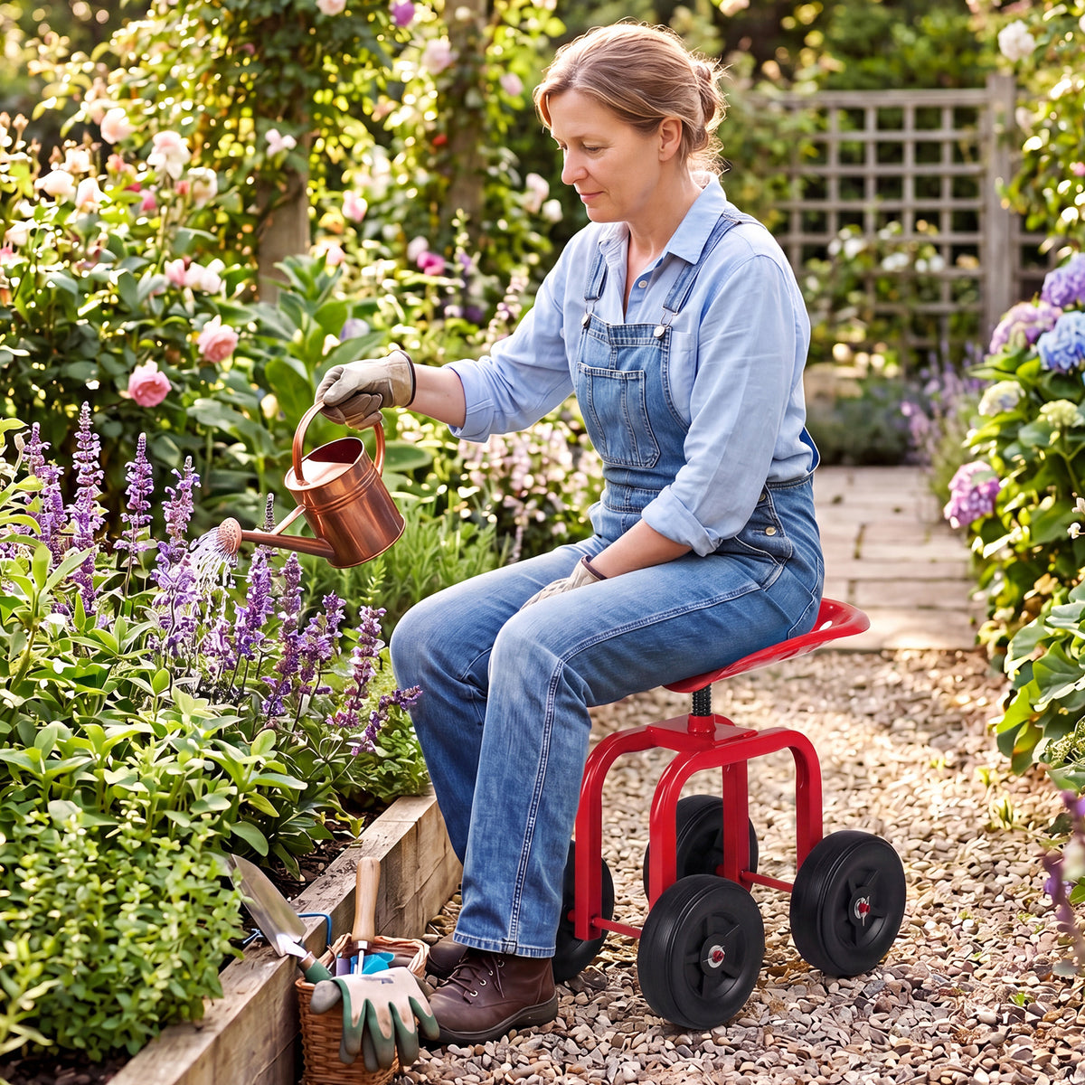 Heavy-Duty Rolling Garden Cart with Height Adjustable and Swivel Seat-Red