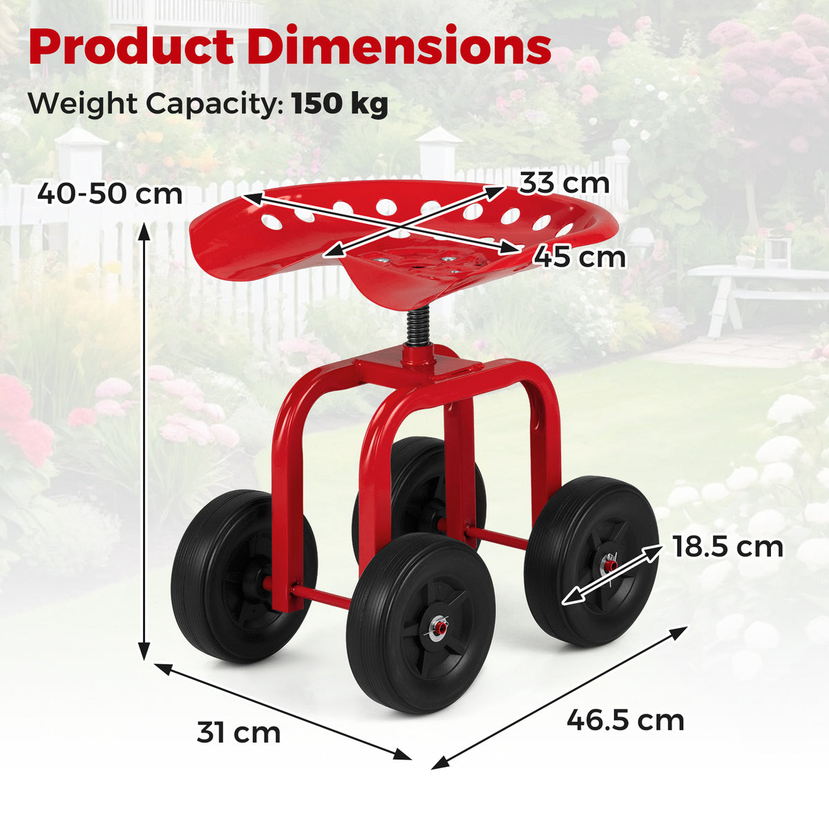 Heavy-Duty Rolling Garden Cart with Height Adjustable and Swivel Seat-Red