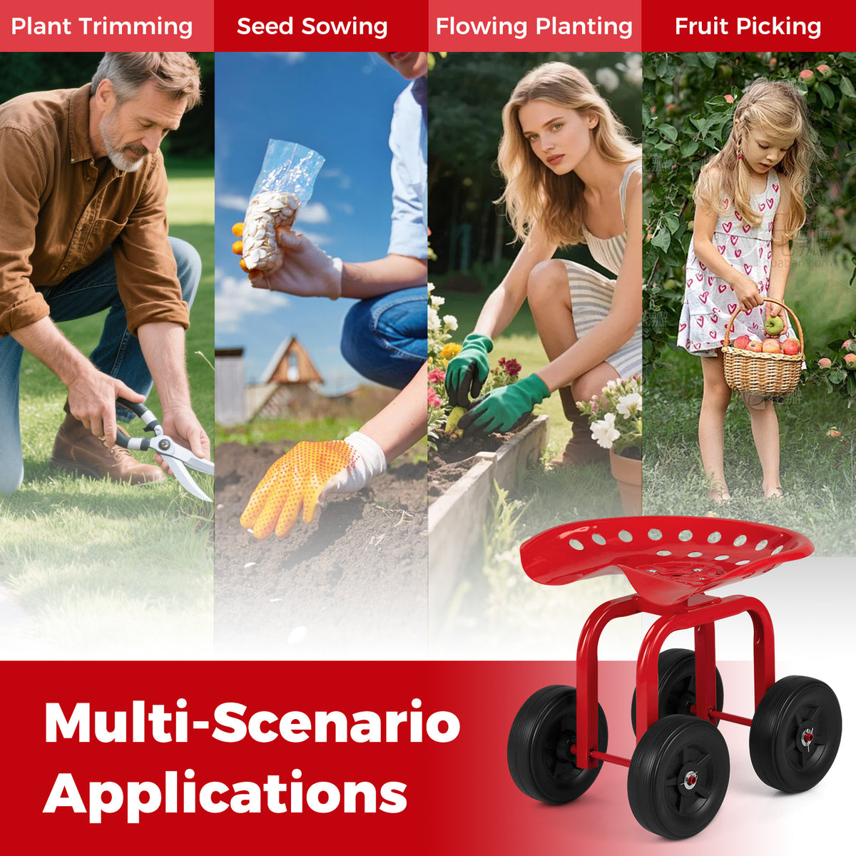 Heavy-Duty Rolling Garden Cart with Height Adjustable and Swivel Seat-Red