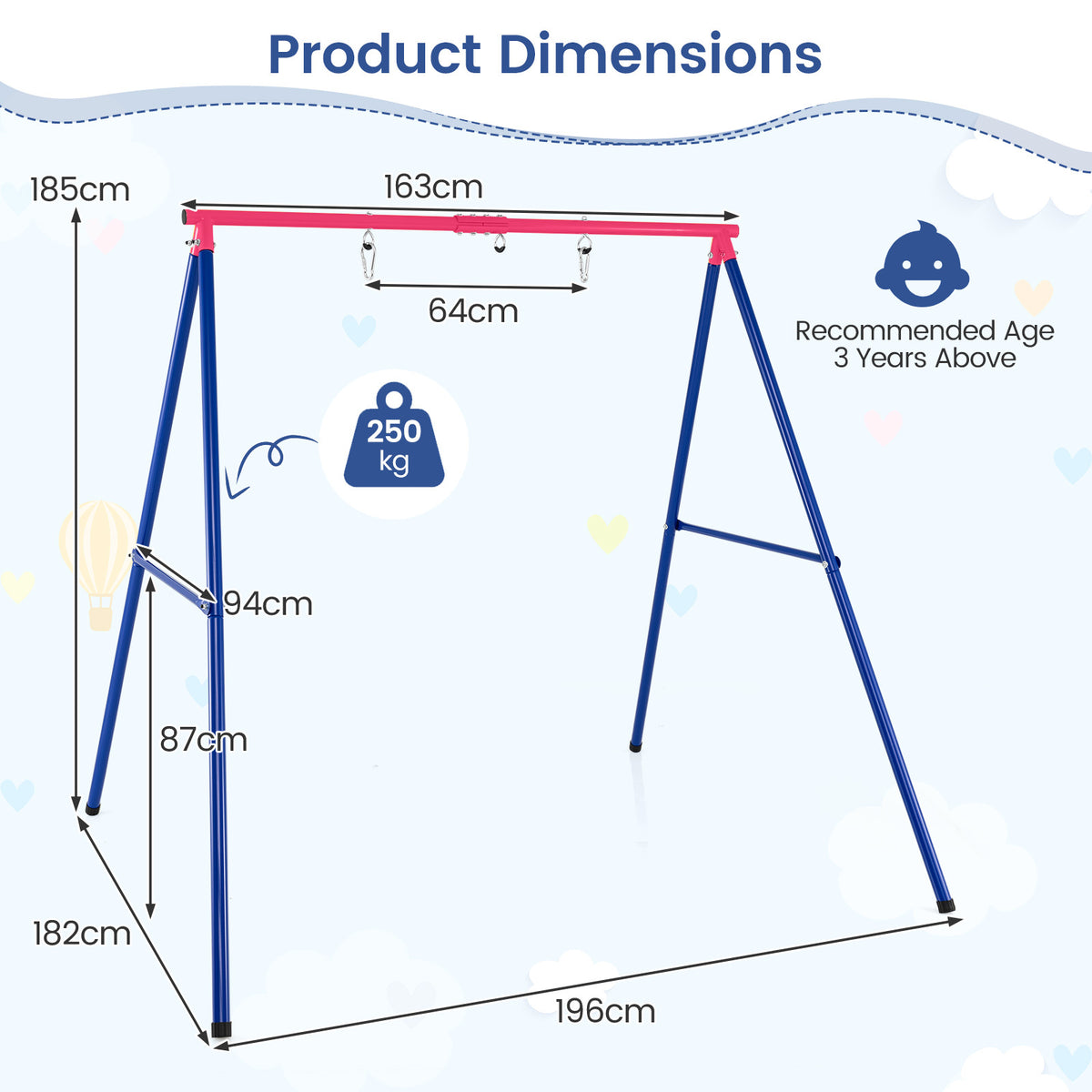 Heavy Duty Steel Swing Frame 1.8M Large A-Frame Swing Stand with Ground Stakes-Red
