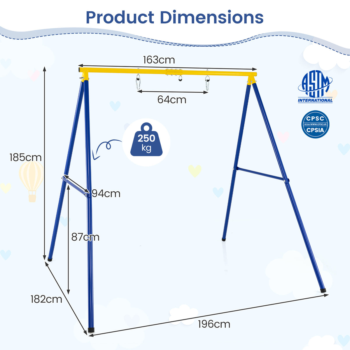Heavy Duty Steel Swing Frame 1.8M Large A-Frame Swing Stand with Ground Stakes-Yellow