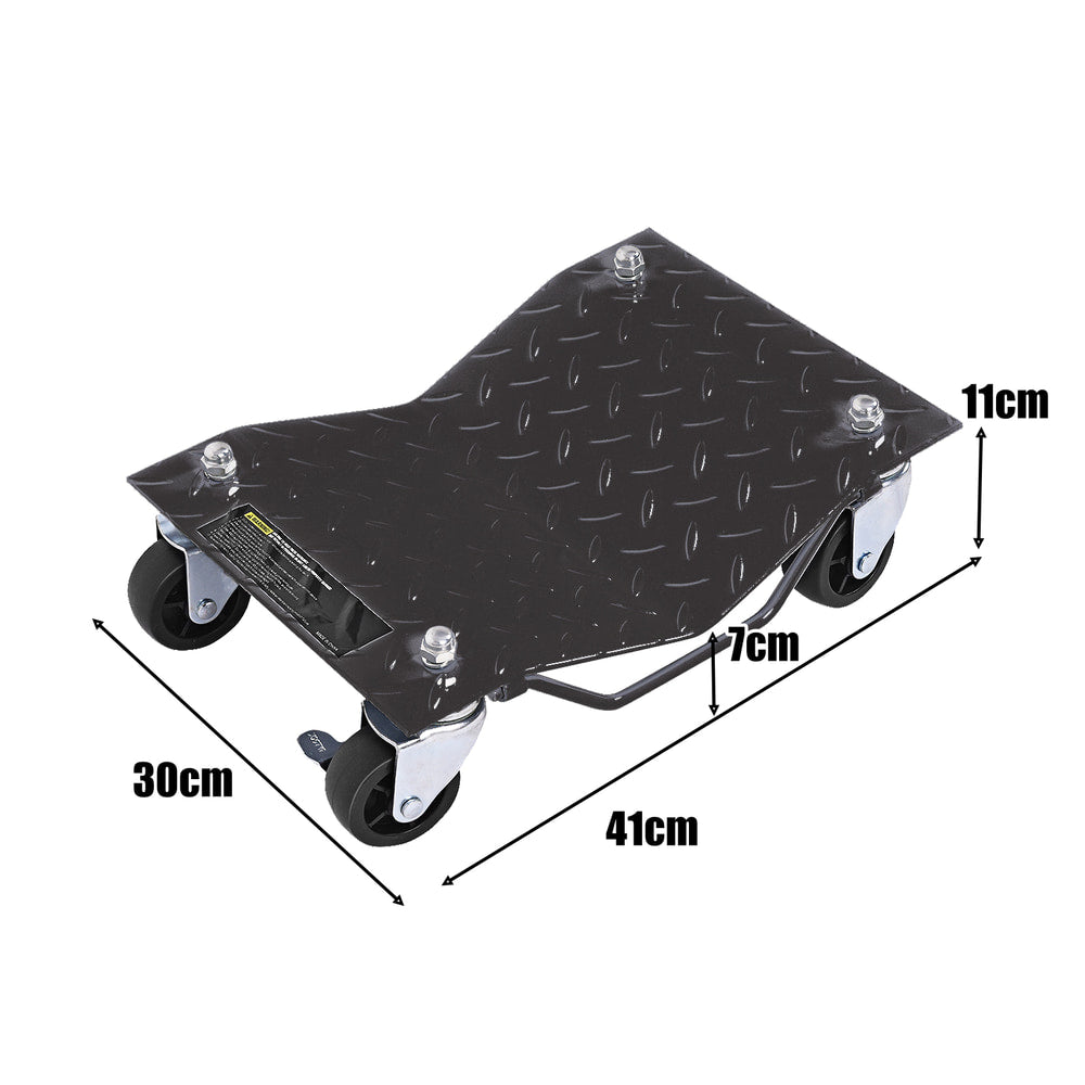 The steel tire skates with dimensions shown for length, width and height