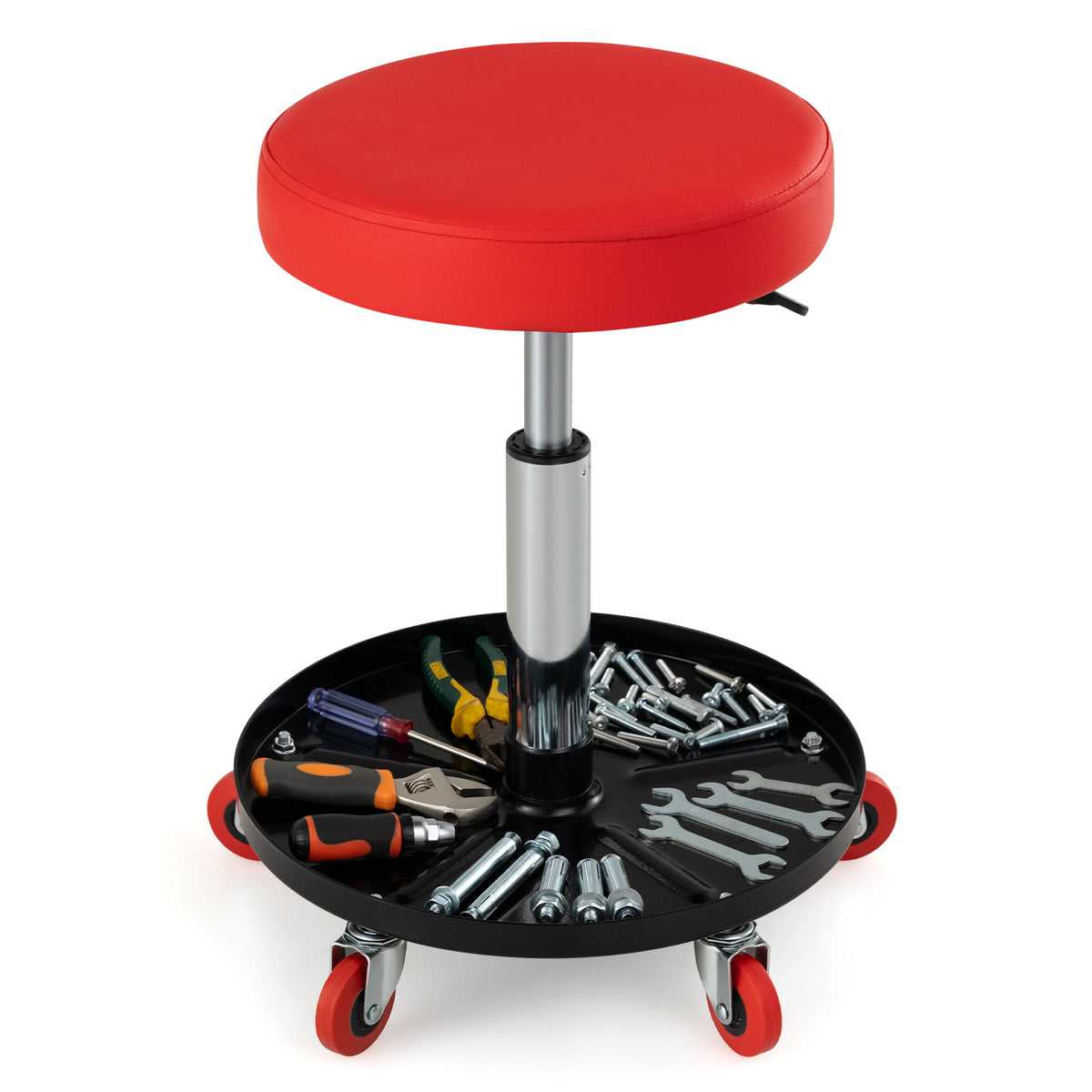 Close up of the red mechanic stool showing the storage tray filled with tools