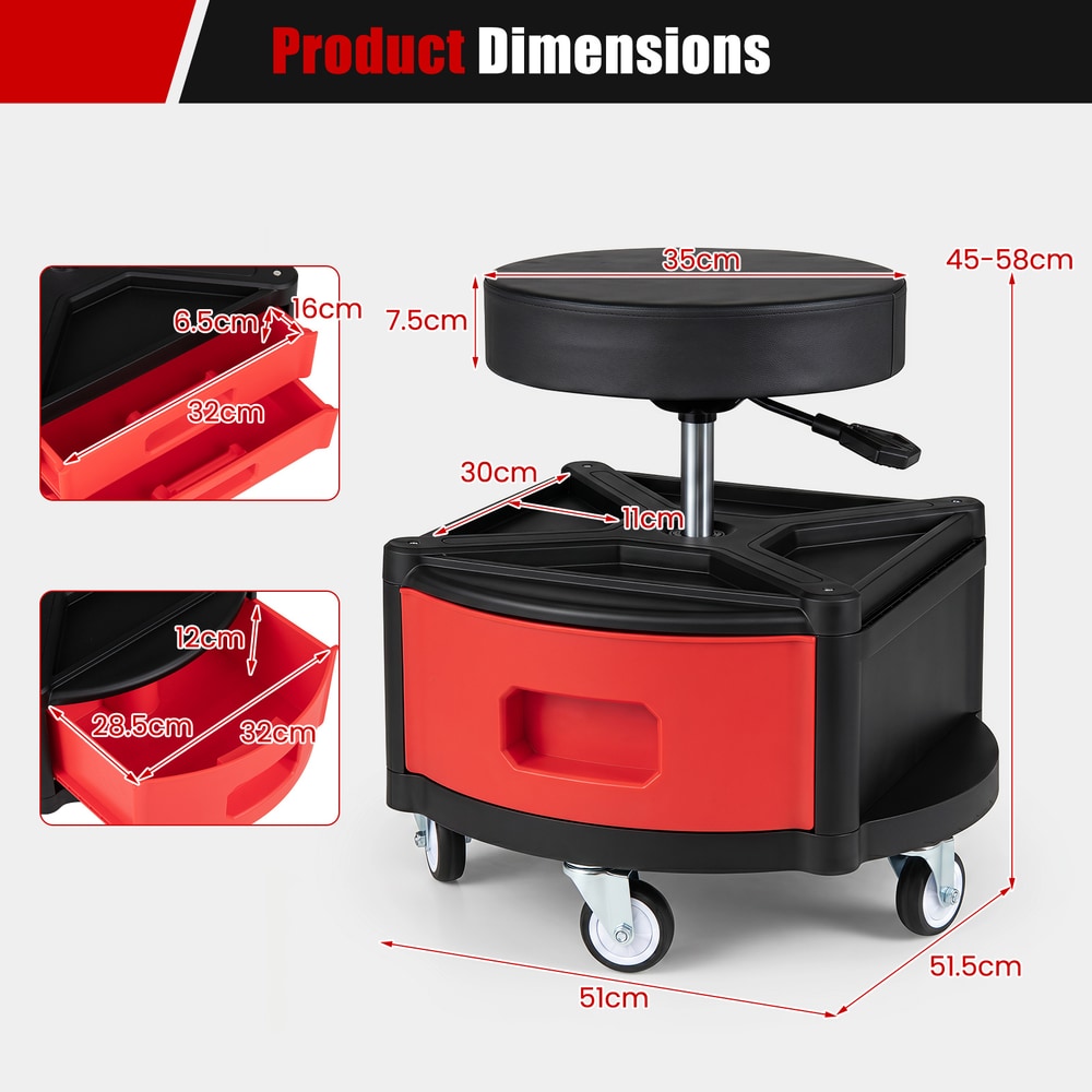Dimensions of the red rolling mechanic stool