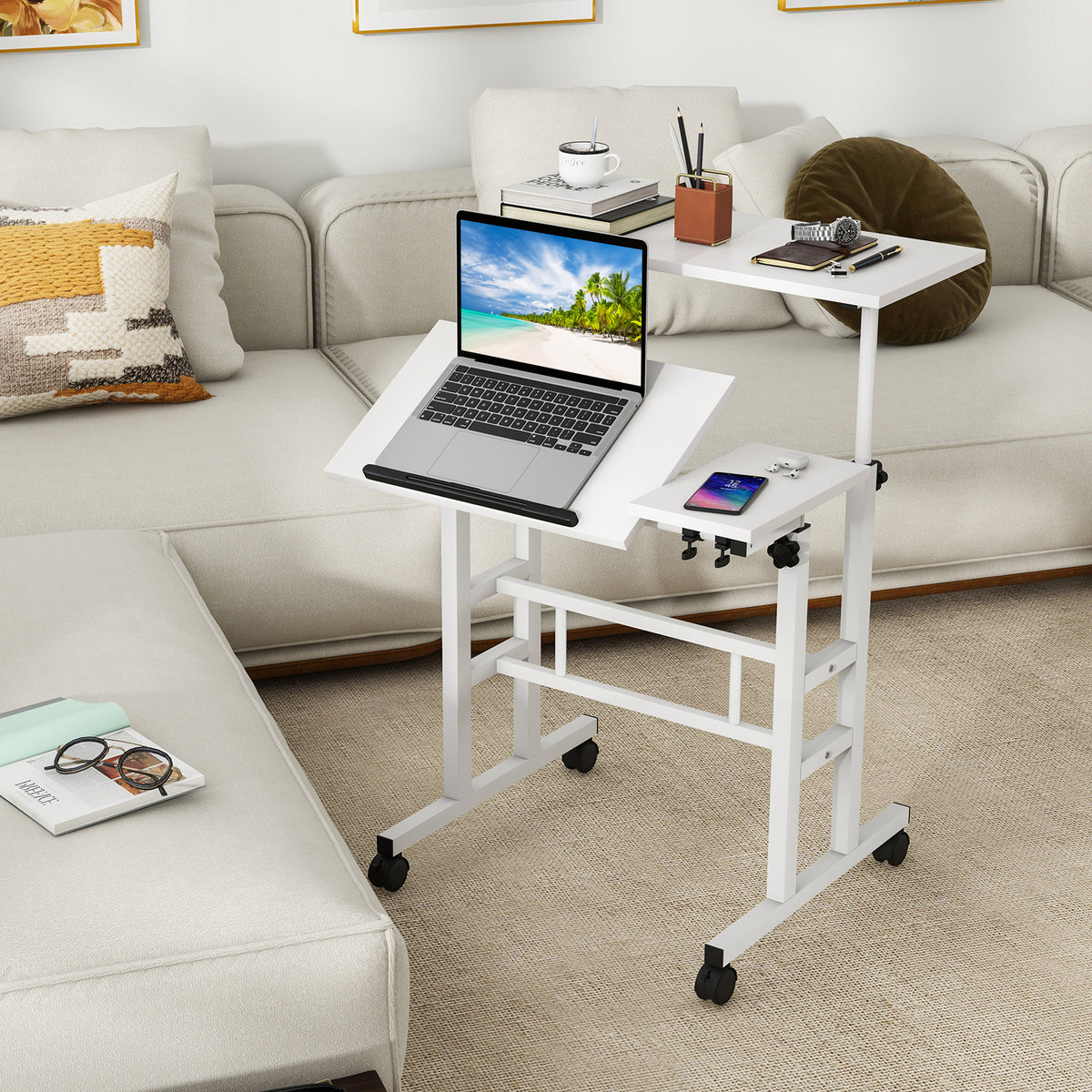 Height Adjustable Workstation with Wheels for Standing or Sitting-White