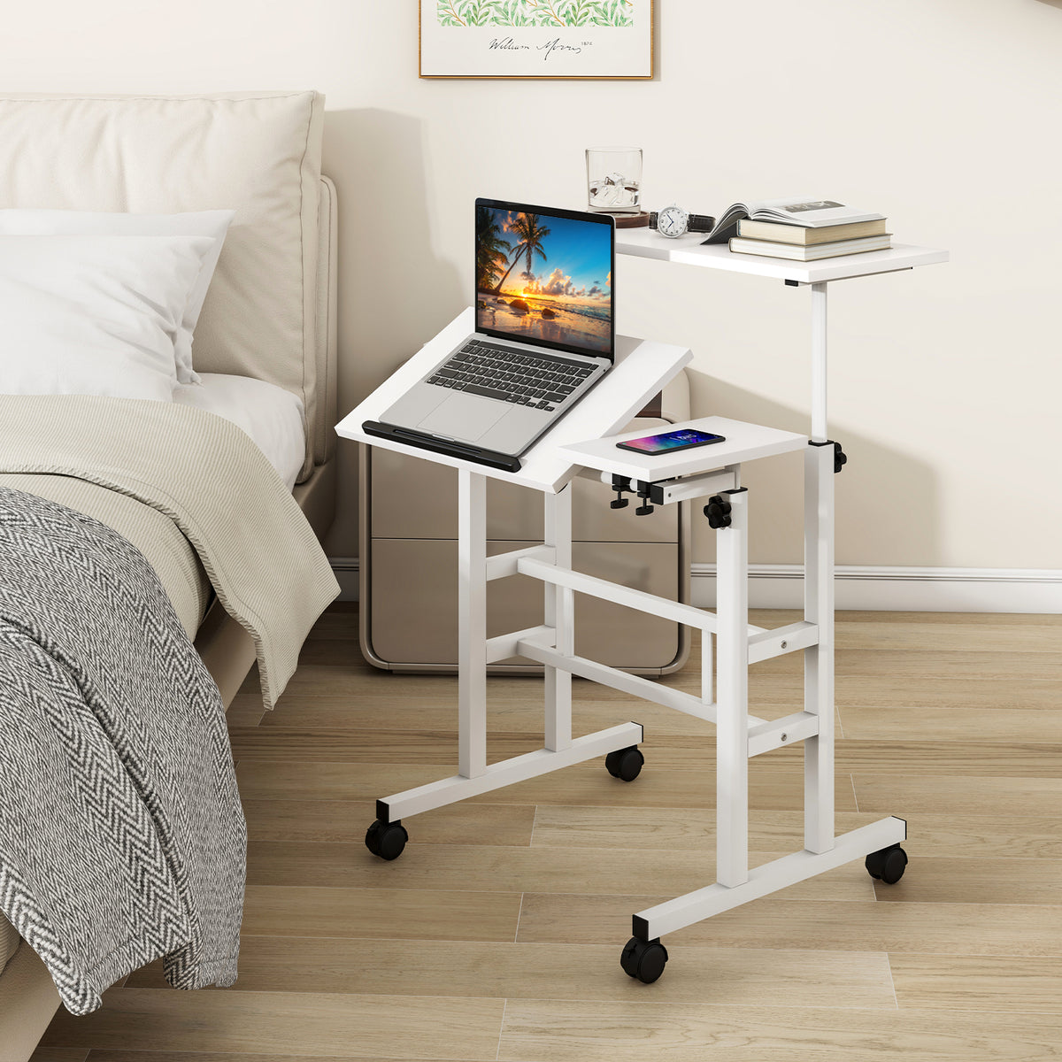 Height Adjustable Workstation with Wheels for Standing or Sitting-White