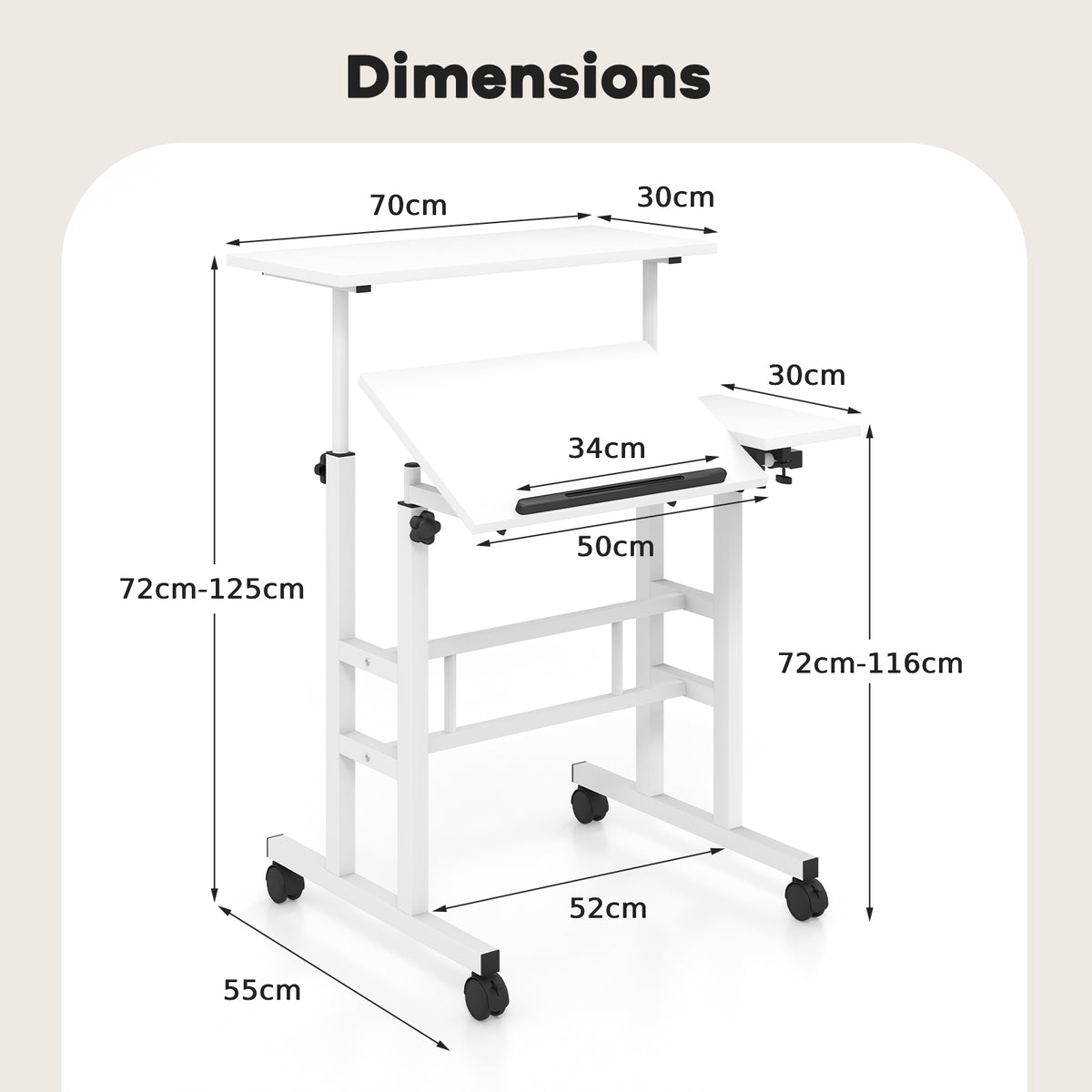 Height Adjustable Workstation with Wheels for Standing or Sitting-White