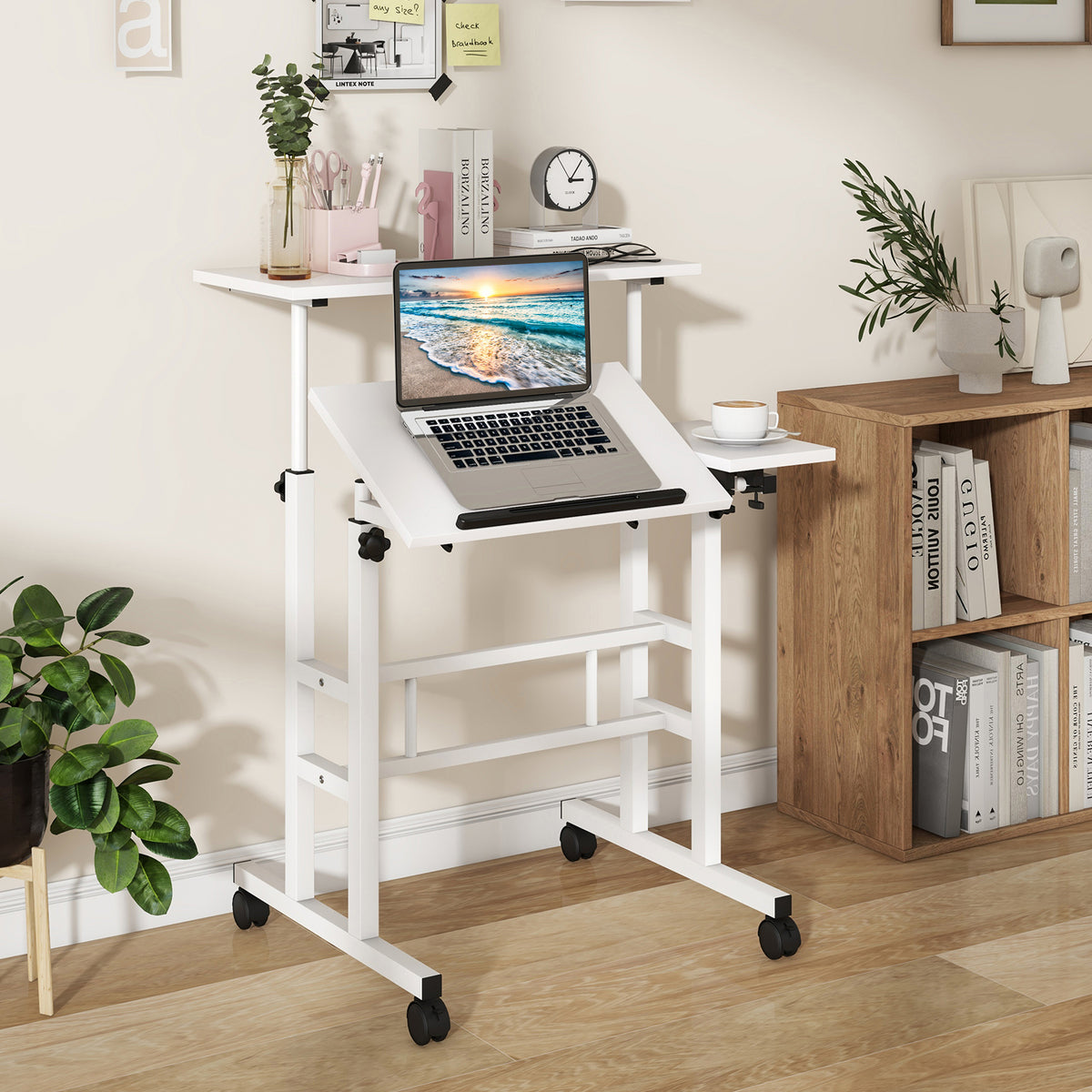 Height Adjustable Workstation with Wheels for Standing or Sitting-White