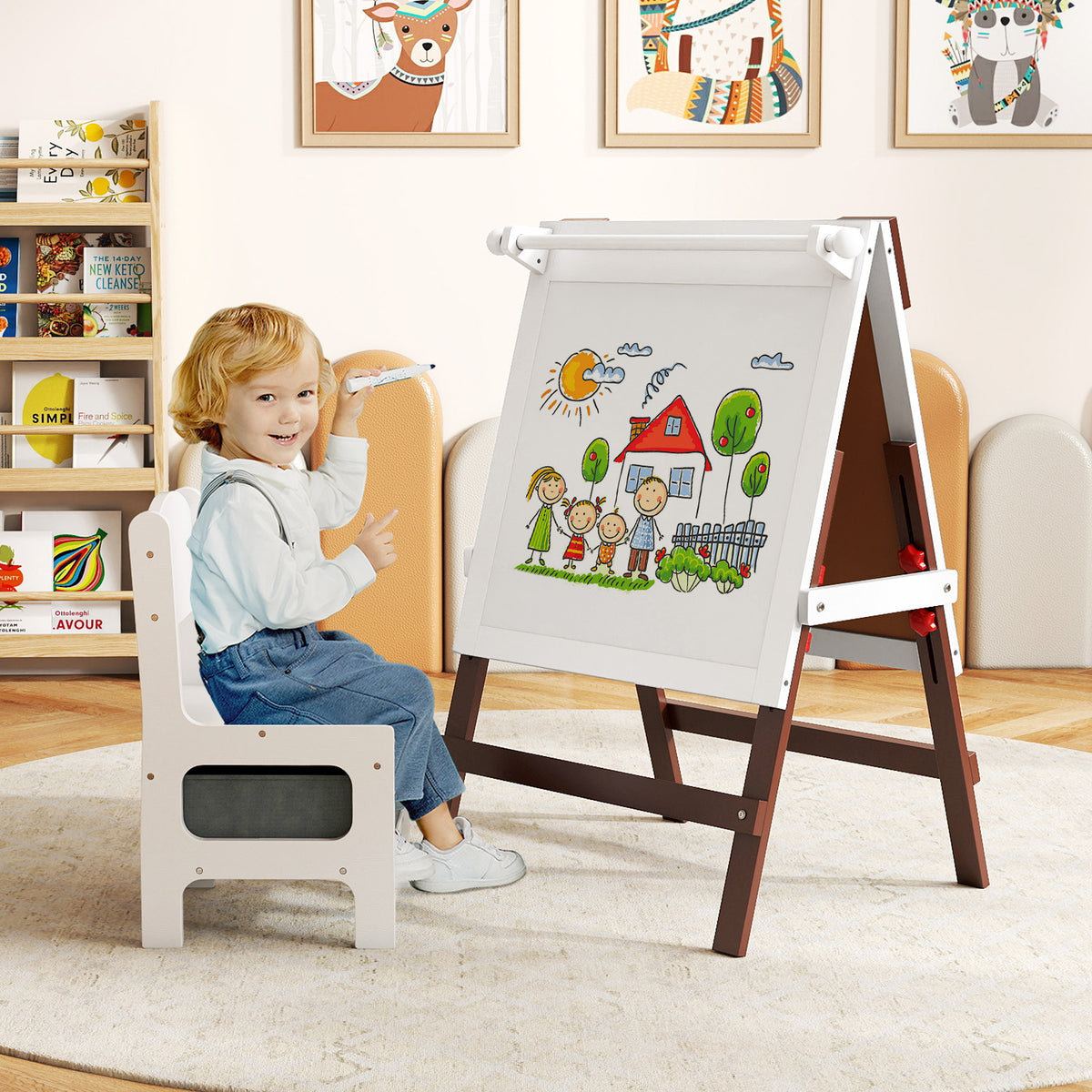 Height-adjustable Painting Easel with Chalkboard and Paper Holder-Brown