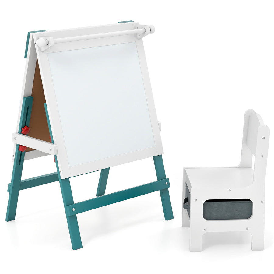 Height-adjustable Painting Easel with Chalkboard and Paper Holder-Green & White