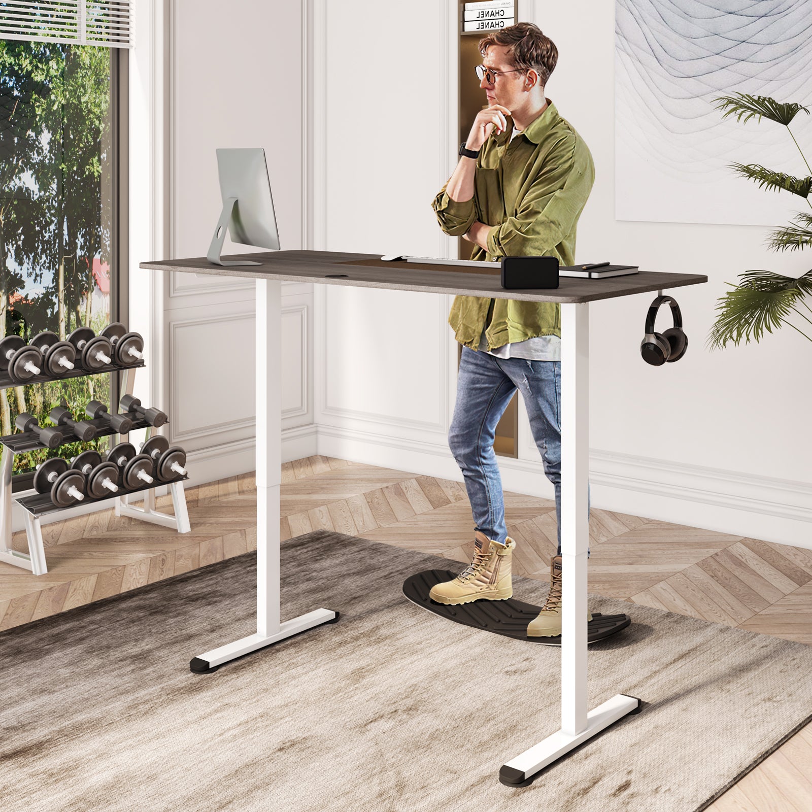 Height Adjustable Home Office Computer Desk with Headphone Hook-Grey