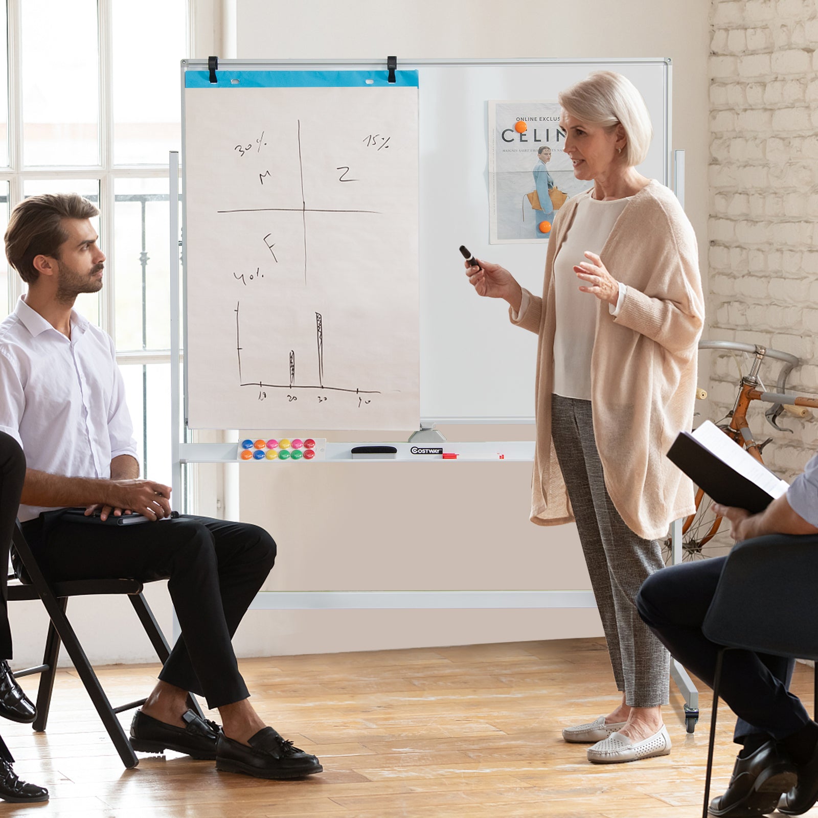 Height Adjustable Magnetic Double Sided Whiteboard with Wheels-White