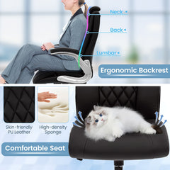 Height Adjustable PU Leather Office Chair with 6-level Headrest in Black