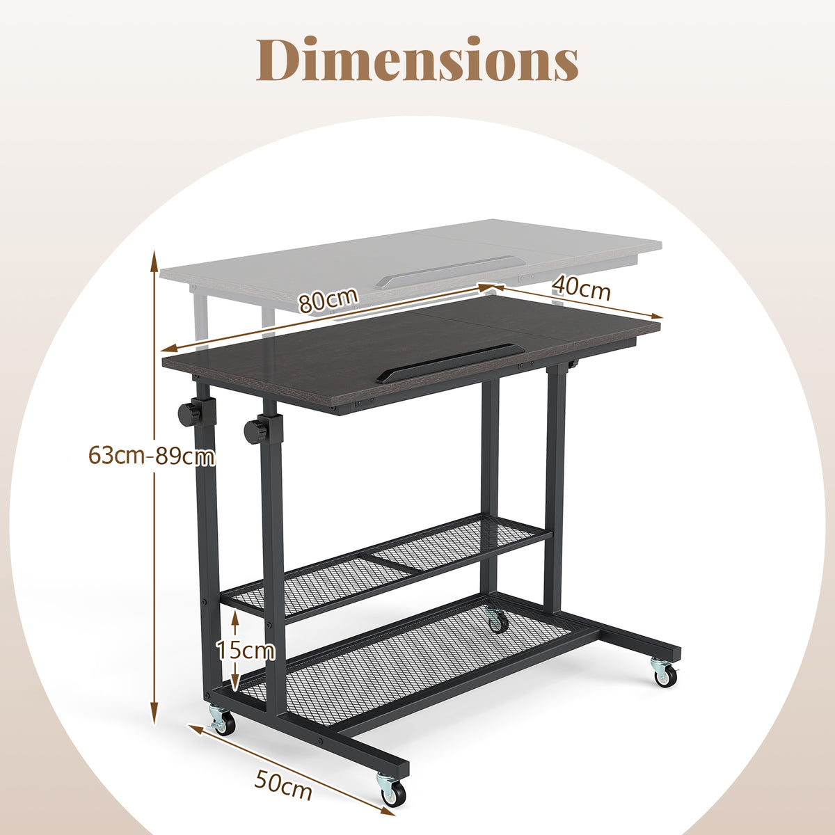 Mobile Stand up Height Adjustable Sit Stand Desk with Tilting Tabletop-Oak