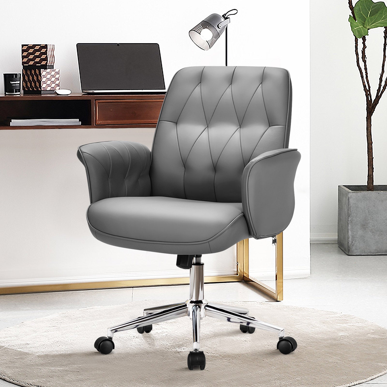 Adjustable Swivel PU Leather Office Chair with Rocking Function-Grey