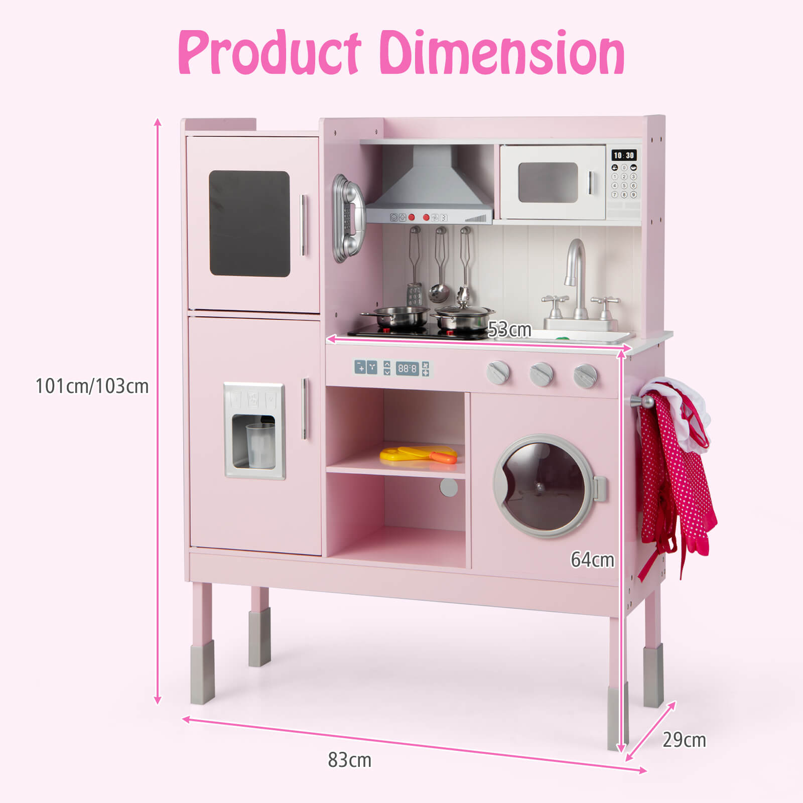 Height Adjustable Wooden Kid Play Kitchen Set with Light-Pink