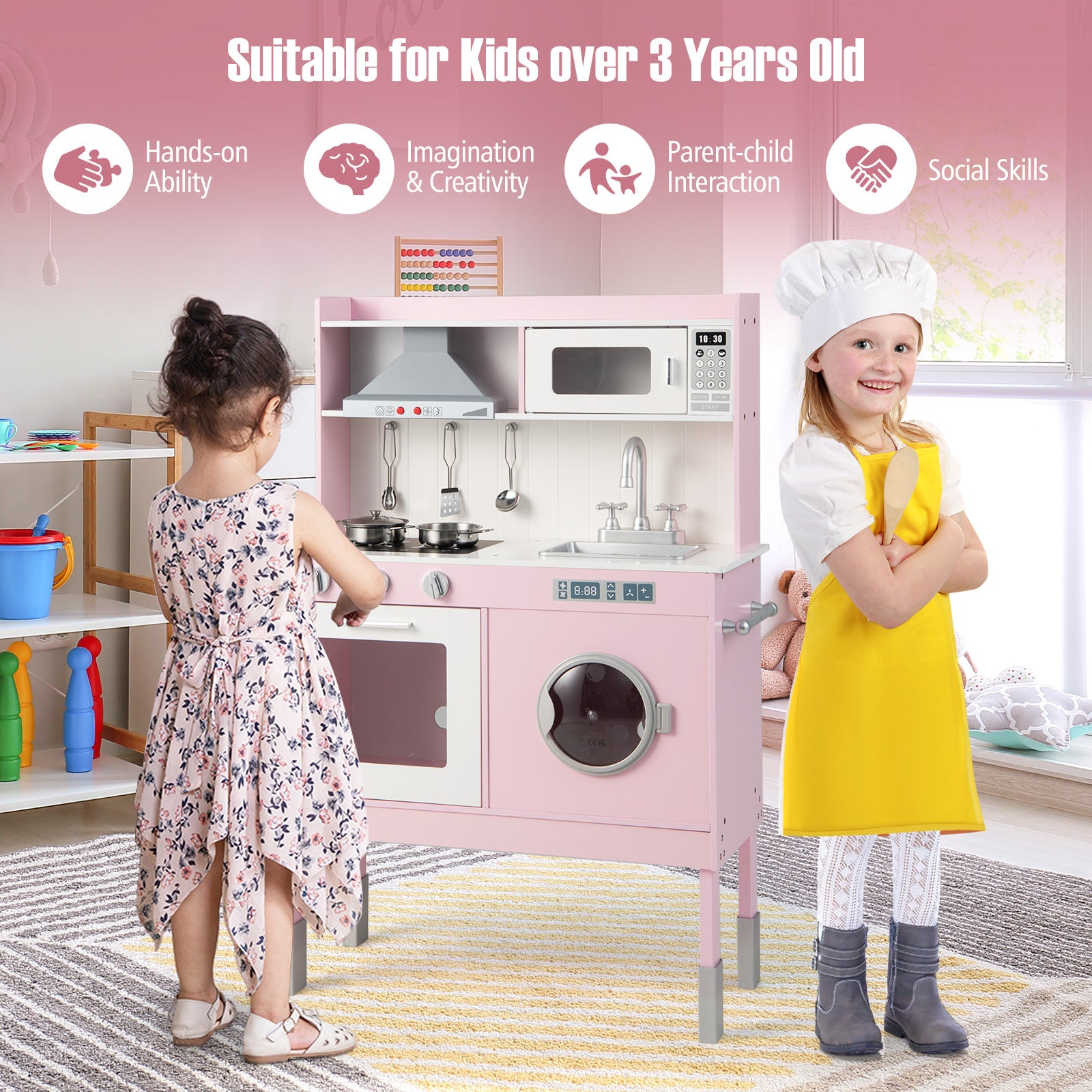 Adjustable Wooden Kids Play Kitchen with Washing Machine-Pink