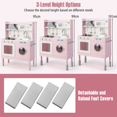 Adjustable Wooden Kids Play Kitchen with Washing Machine-Pink