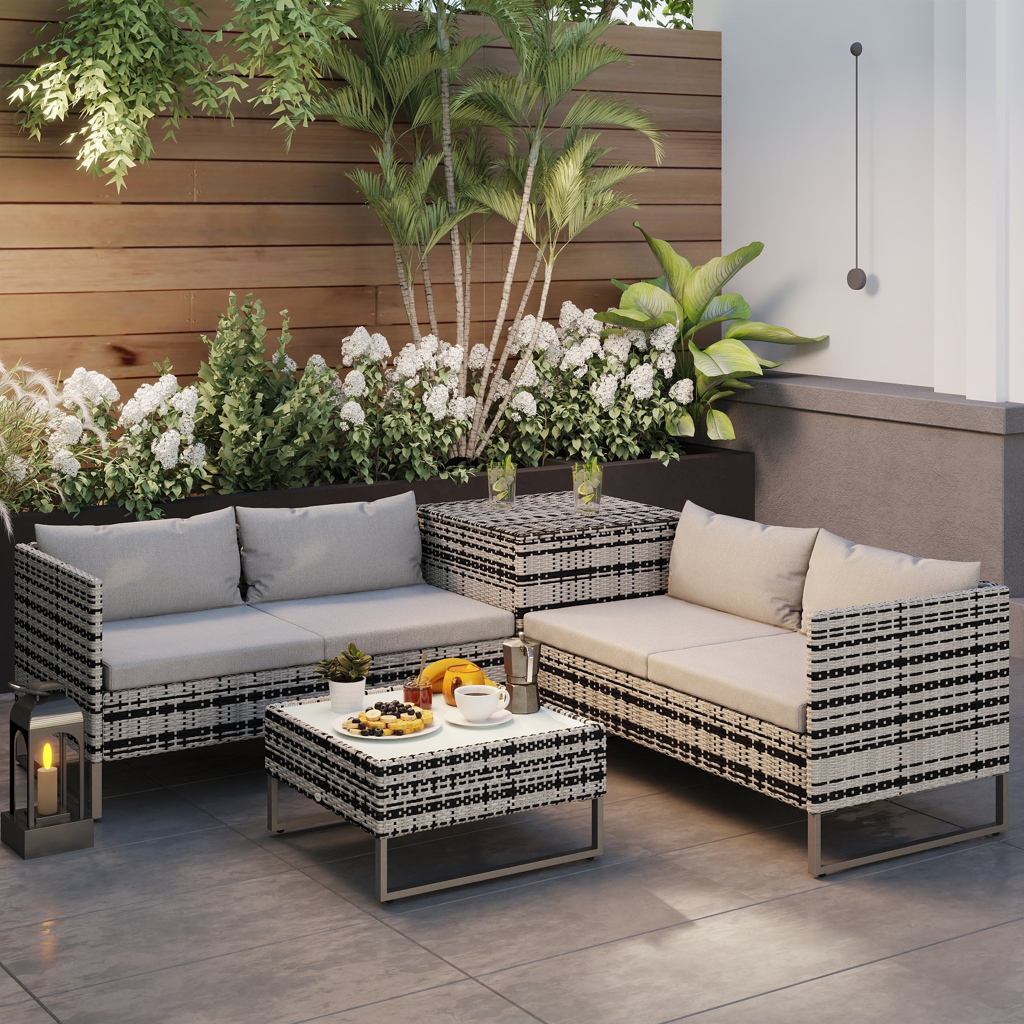 Outsunny 4pc Garden Rattan Wicker Outdoor Furniture Patio Corner Sofa Love Seat and Table Set  with Cushions Side Desk Storage, Mixed Grey