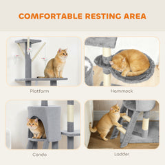 PawHut Multi-Level Cat Tower, 134cm Cat Tree with Condo and Sisal Scratching Posts for Indoor Kittens, Grey