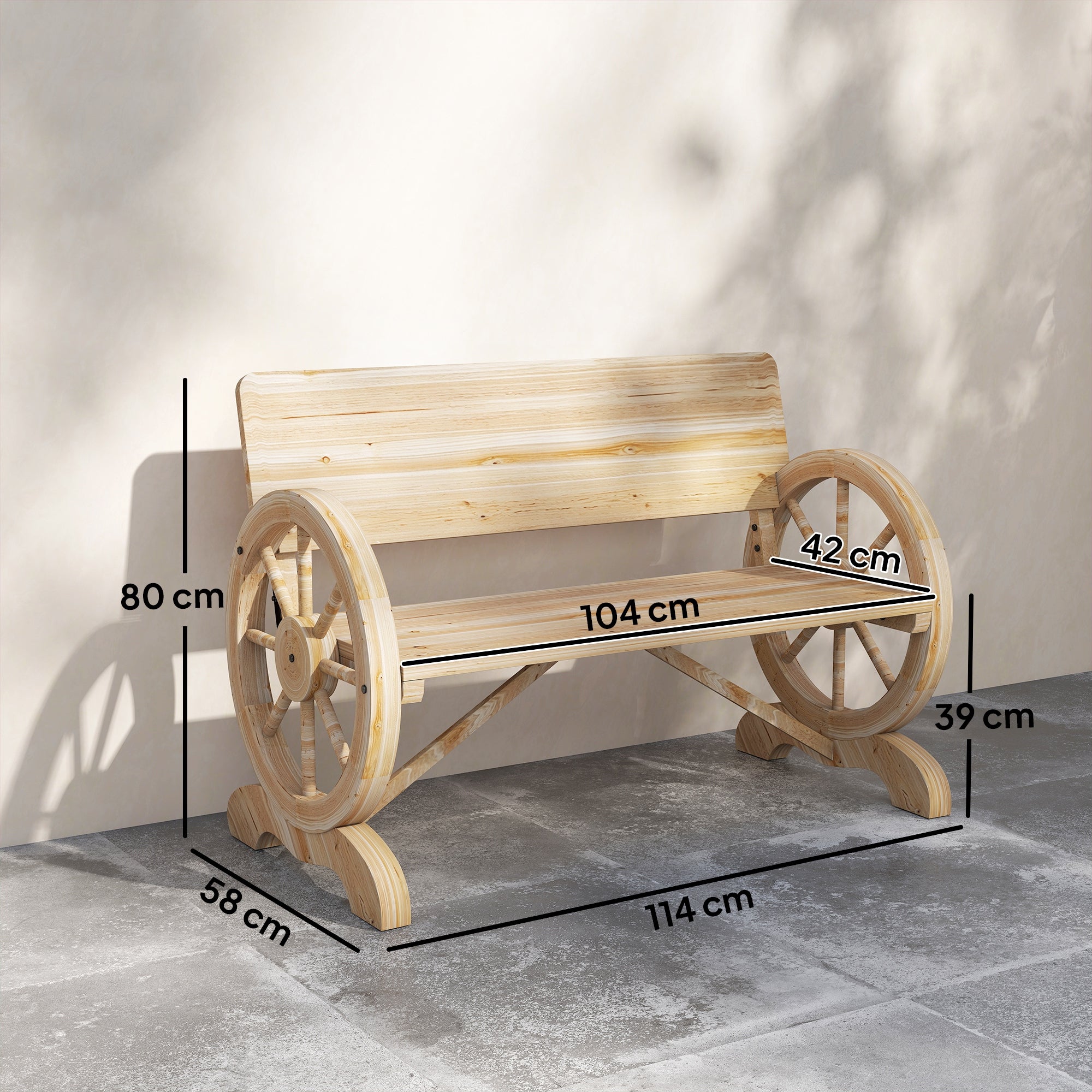 Outsunny Fir Wood 2-Seater Outdoor Garden Wagon Wheel Bench, Natural Wood Finish