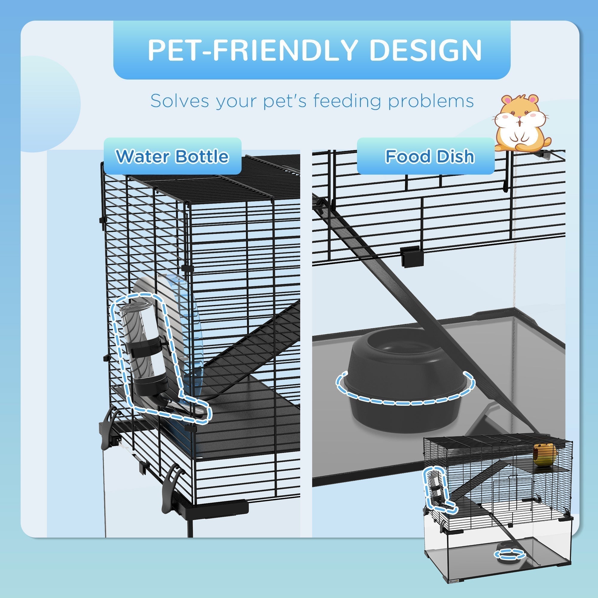 PawHut 3 Tiers Hamster Cage, Gerbil Cage with Deep Glass Bottom, Non-Slip Ramps, Platforms, Hut, Exercise Wheels, Water Bottle, Dish, for Syrian Hamster, Dwarf Hamster, 60 x 40 x 54.5cm