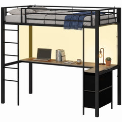 HOMCOM Metal Bunk Bed with Desk, High Sleeper Bed with LED Light and Safety Guardrail for Teens Adults, No Box Spring Needed