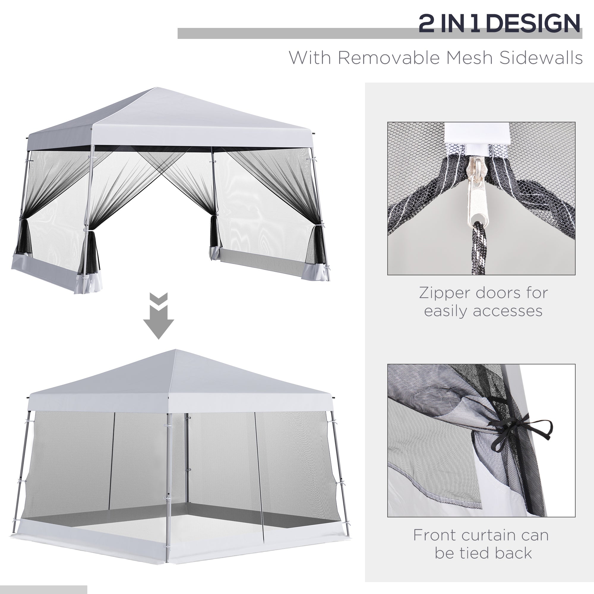 Outsunny Outdoor Garden Pop-up Gazebo Canopy Tent Sun Shade Event Shelter Folding with Adjustable Height, Mesh Screen Side Walls 3.5 M √É‚Äî 3.5 M Base / 3 M √É‚Äî 3 M Top, White