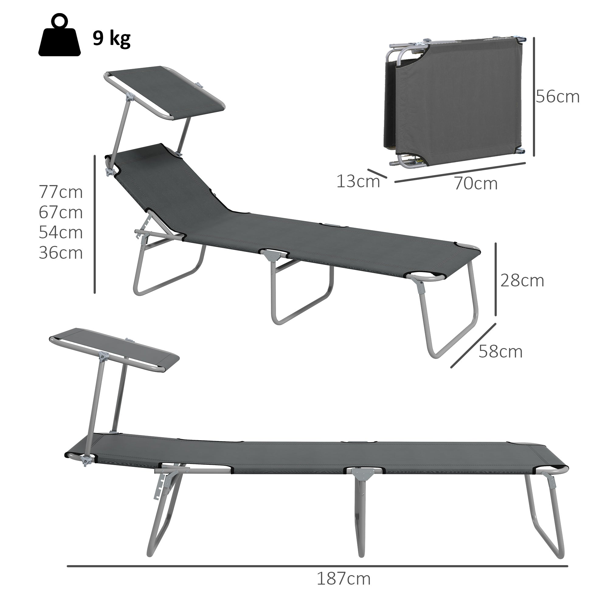 Outsunny Outdoor Foldable Sun Lounger Set of 2, 4 Level Adjustable Backrest Reclining Sun Lounger Chair with Angle Adjust Sun Shade Awning for Beach, Garden, Patio, Grey