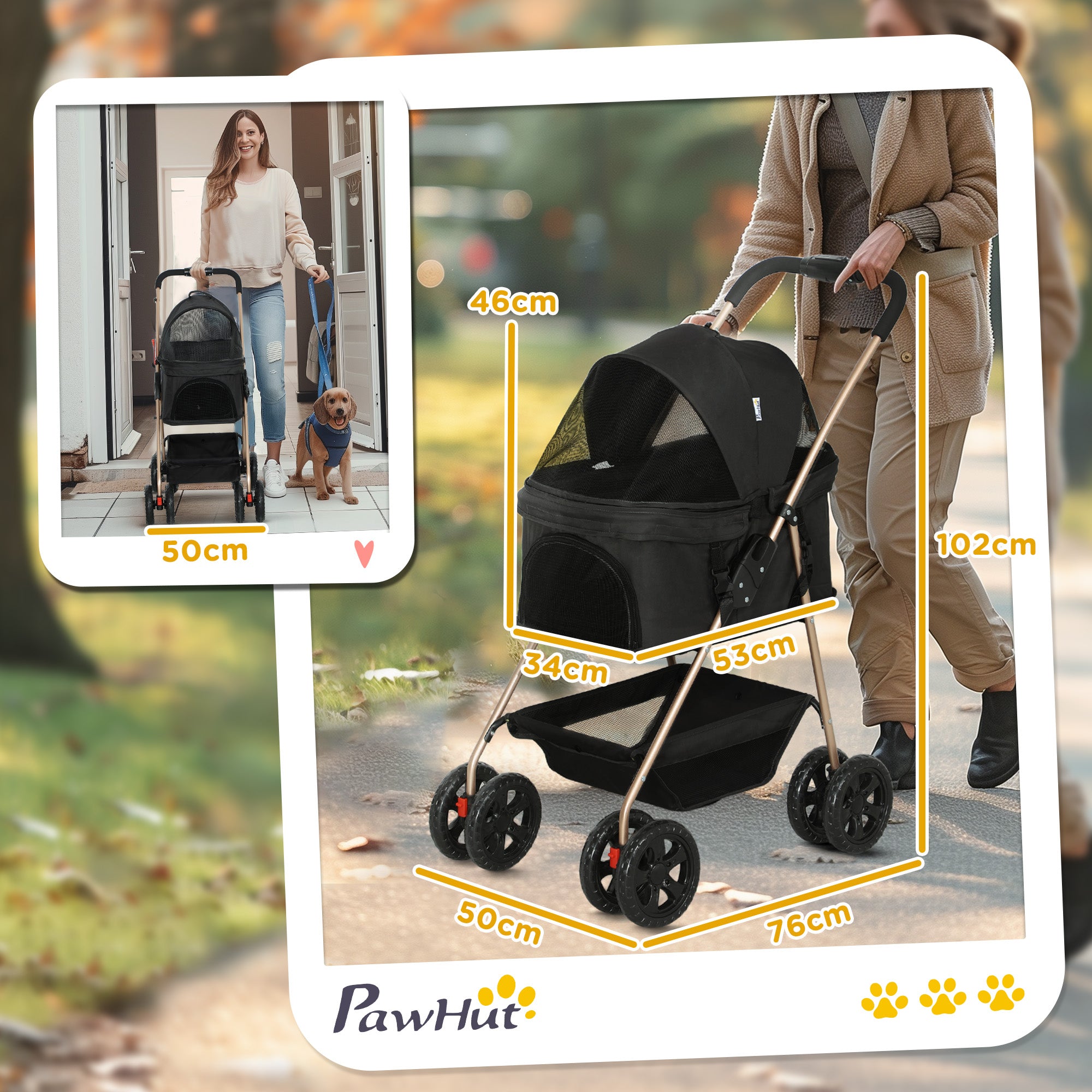 PawHut PawH 3-in-1 Pet Stroller, Folding 4 Wheel Dog Pram with Detachable Carrier for Mini Dogs, Cats, Black