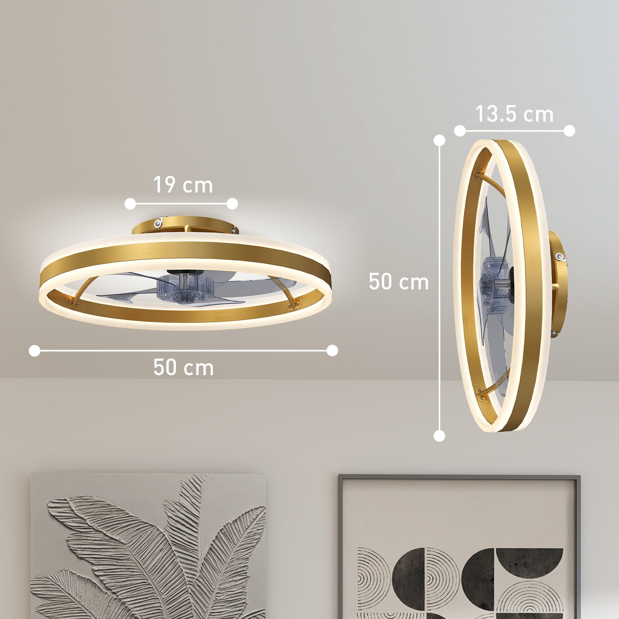 HOMCOM Ceiling Fan with Light and Remote, LED Mount Ceiling Fan with 3 Colour Temperatures, 6 Speed, 50 cm, Gold Tone