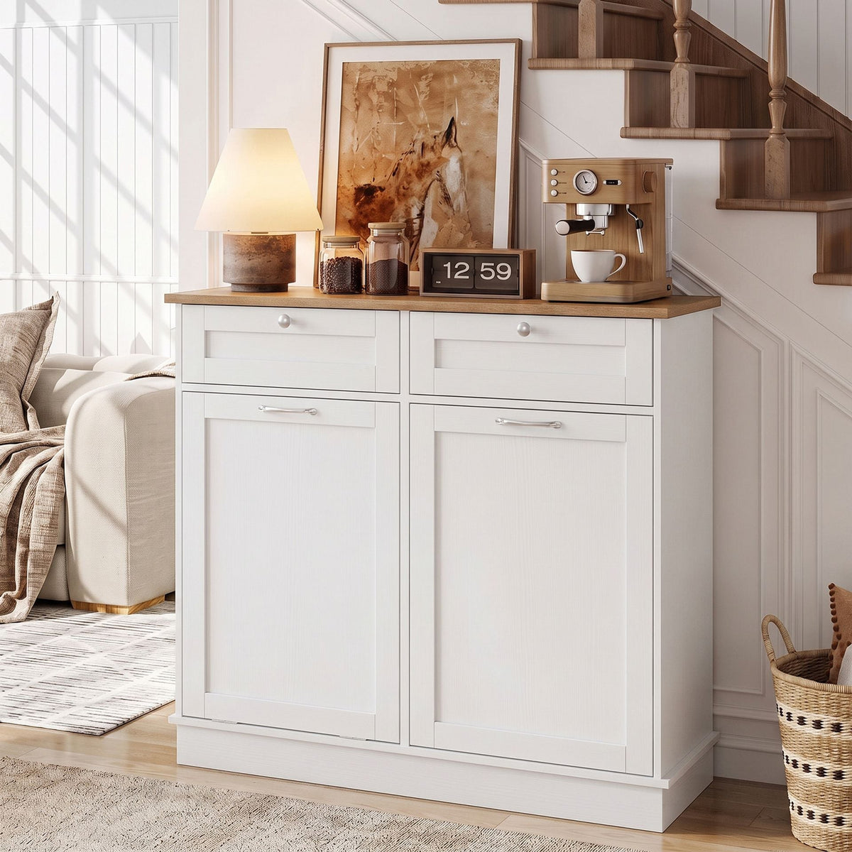 Hidden Tilt Out Trash Bin Cabinet with Shelves Wooden Storage Organizer for Kitchen-White